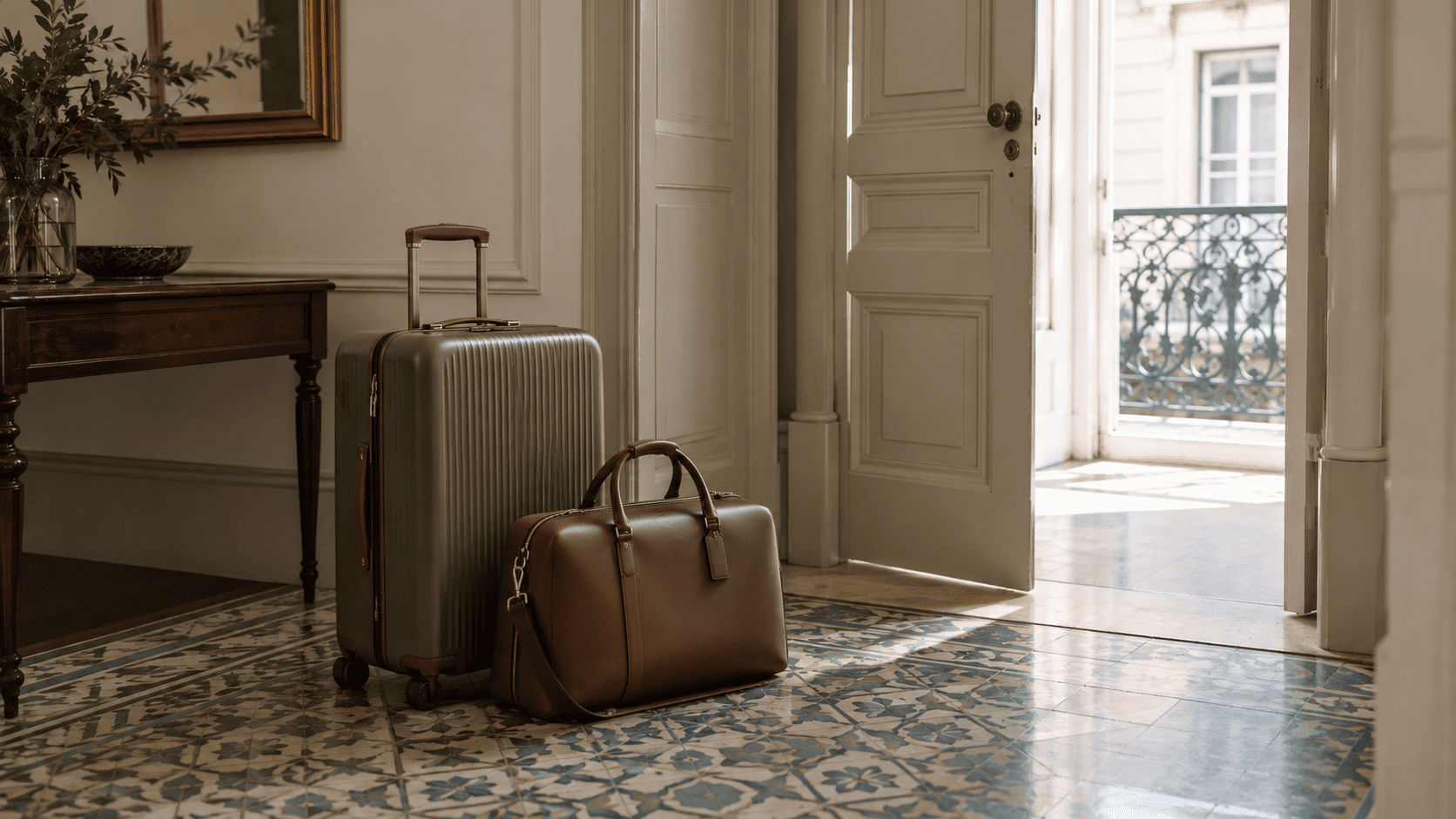 Modern olive-green rolling suitcase and brown leather travel bag in the entrance hall of a classical Lisbon apartment, with patterned tile flooring and an open paneled door leading to a balcony.