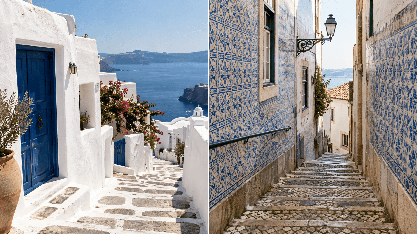 Greek island steps and Lisbon tiled steps side by side