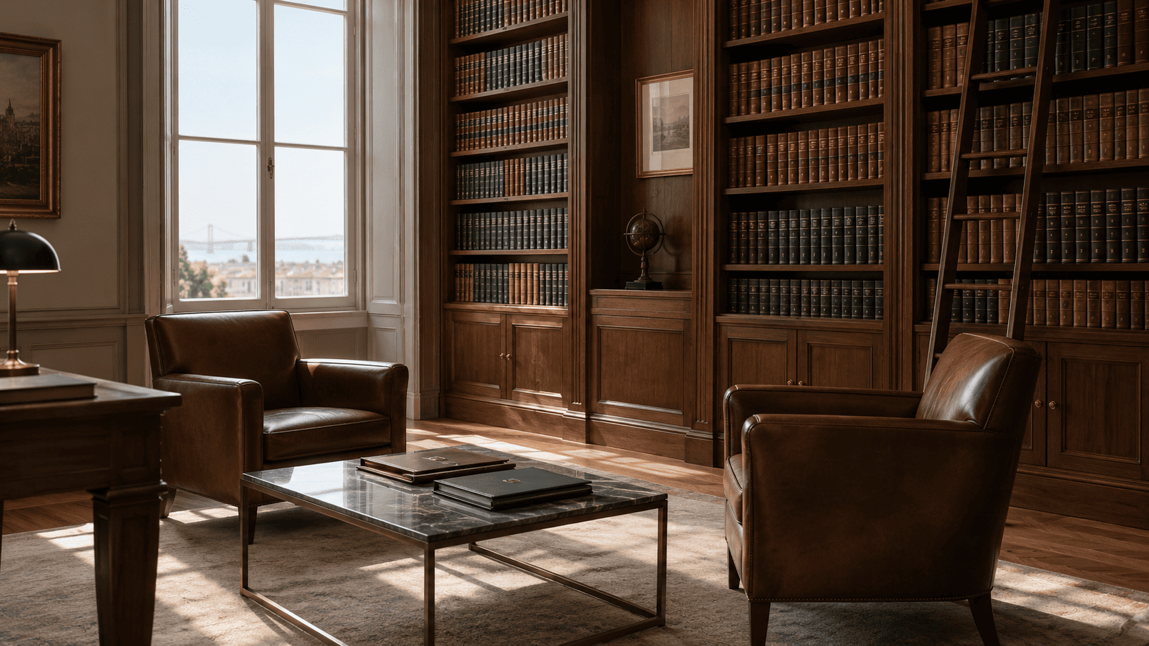 Quiet law library with leather armchairs and document folders