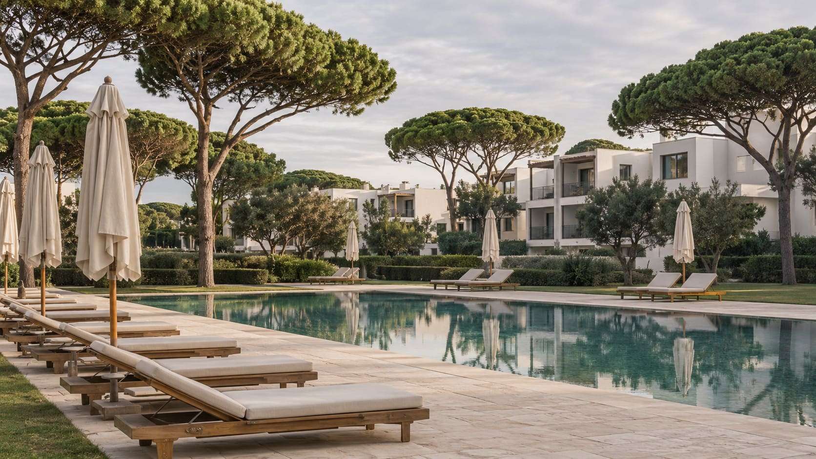 Resort pool and low white buildings among pines out of season