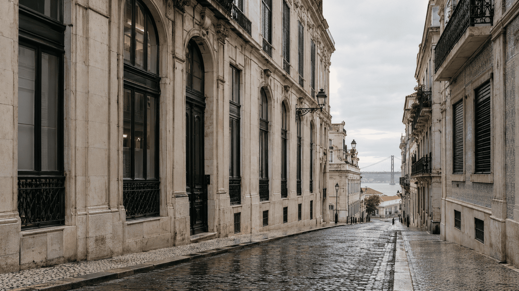 Classical stone facades on a Lisbon street in early morning light