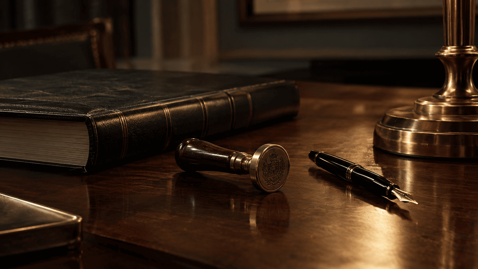 Company seal and share register on a desk