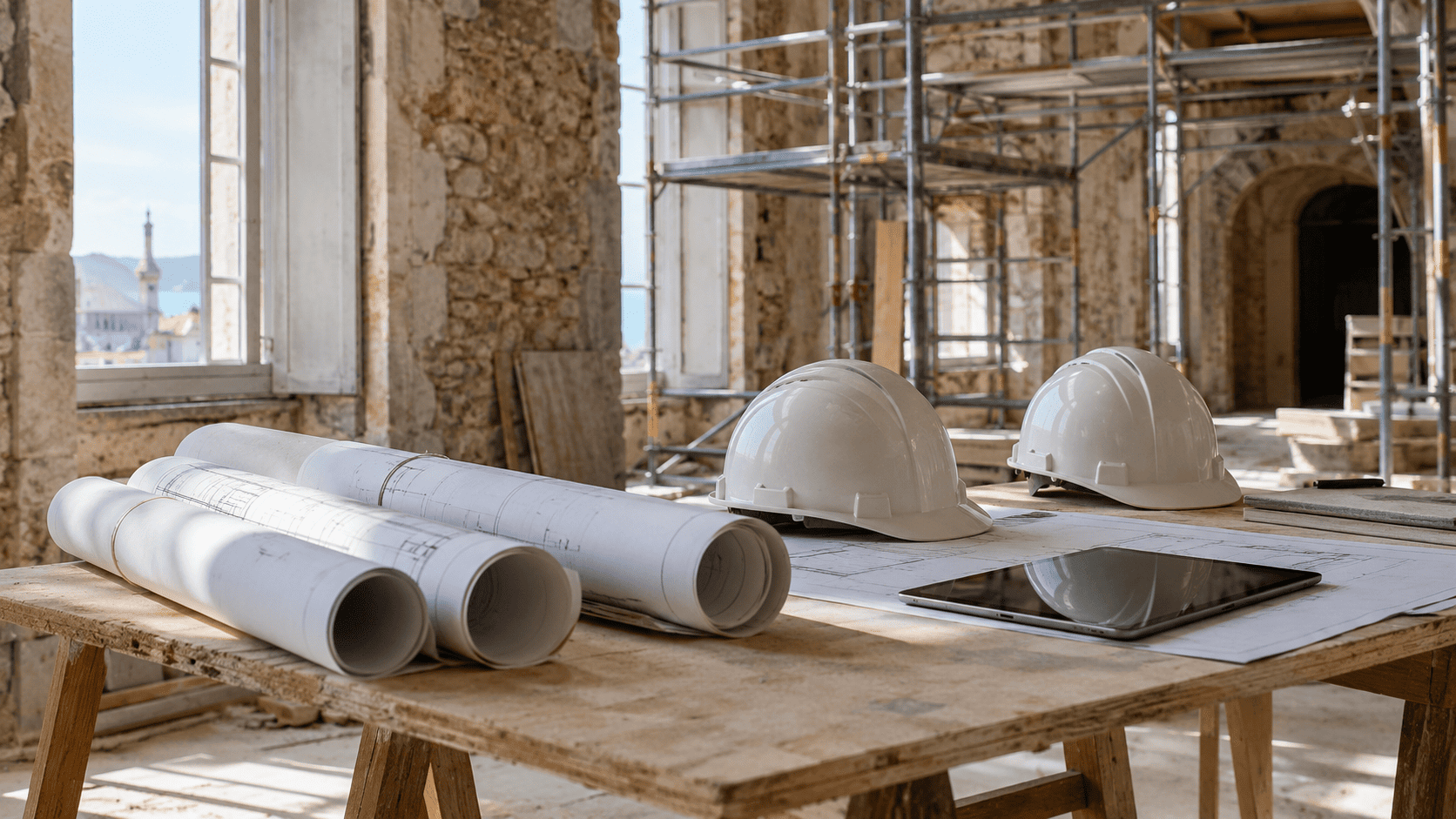 Drawings and hard hats on a site table in a building under renovation