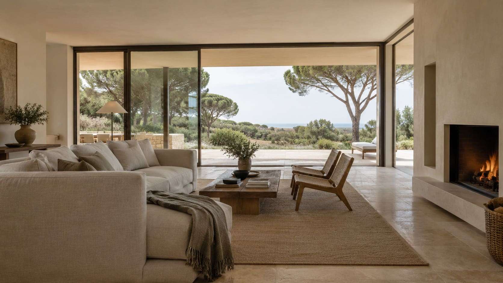 Villa living room with fireplace and glass doors onto a terrace with pines