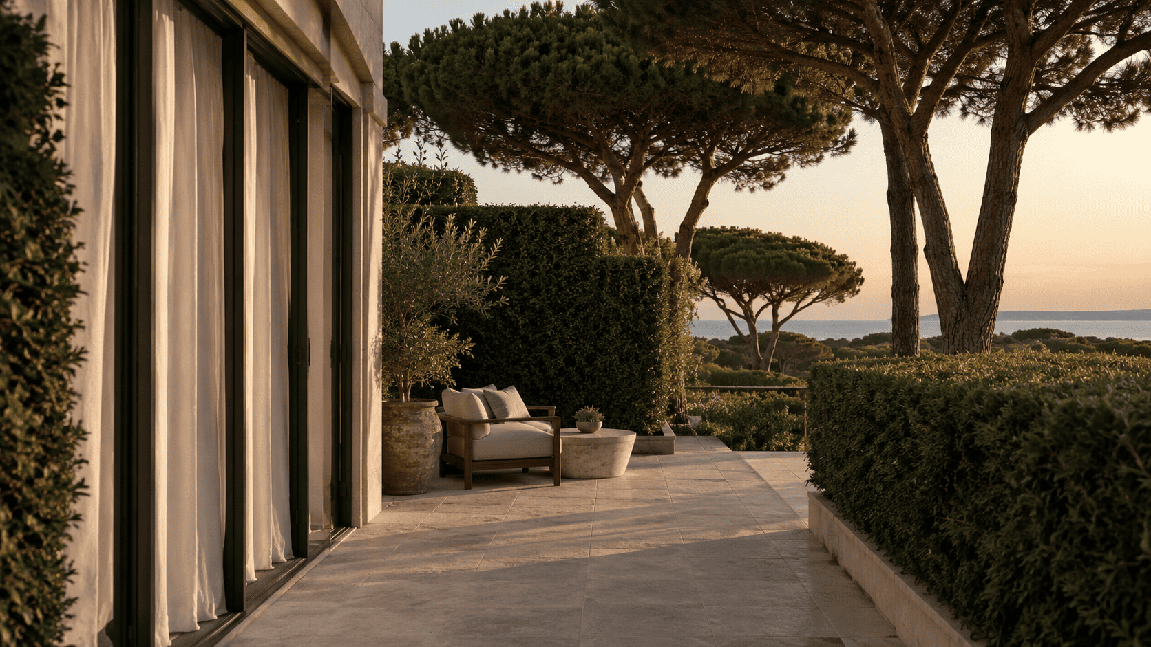 Private terrace screened by hedges and pines at dusk.